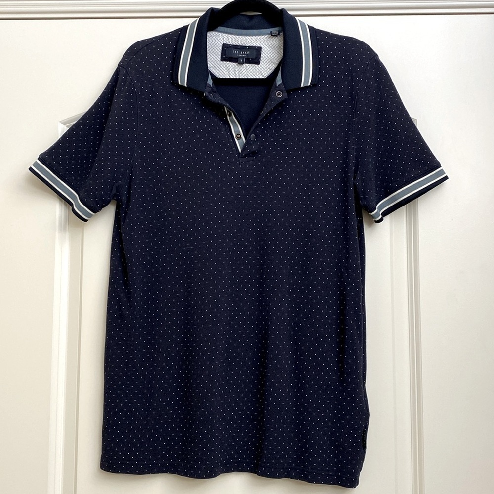 Ted Baker Men’s Cotton Short Sleeve Polo shirt blue/grey/white dot 3 or M Preppy